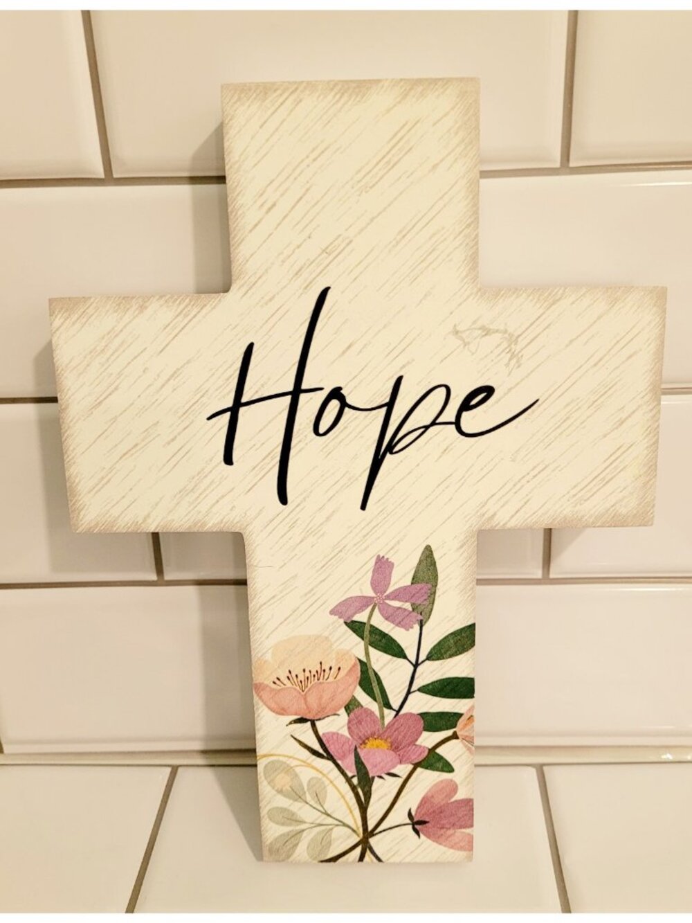 Cross Wall Decor Wood Hope Floral Free Standing 12" by 10" inches White Pink